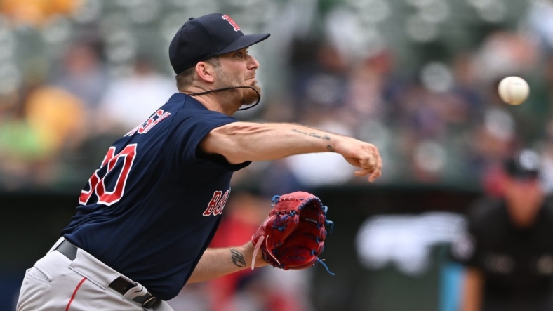 Jun 5, 2022; Oakland, California, USA; Boston Red Sox relief pitcher Tyler Danish (60) throws a pitch against the Oakland Athletics during the eighth inning at RingCentral Coliseum. Mandatory Credit: Robert Edwards-USA TODAY Sport