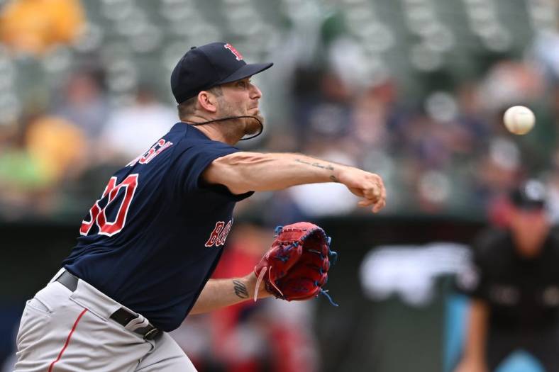 Jun 5, 2022; Oakland, California, USA; Boston Red Sox relief pitcher Tyler Danish (60) throws a pitch against the Oakland Athletics during the eighth inning at RingCentral Coliseum. Mandatory Credit: Robert Edwards-USA TODAY Sport