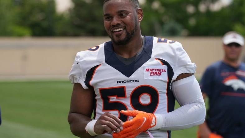 Jun 6, 2022; Englewood, Colorado, USA; Denver Broncos outside linebacker Malik Reed (59) speaks to the media following OTA workouts at the UC Health Training Center. Mandatory Credit: Ron Chenoy-USA TODAY Sports