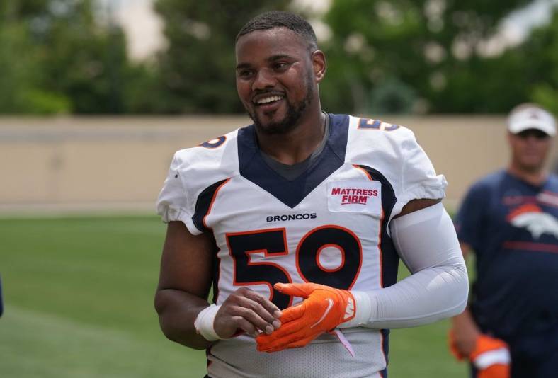 Jun 6, 2022; Englewood, Colorado, USA; Denver Broncos outside linebacker Malik Reed (59) speaks to the media following OTA workouts at the UC Health Training Center. Mandatory Credit: Ron Chenoy-USA TODAY Sports