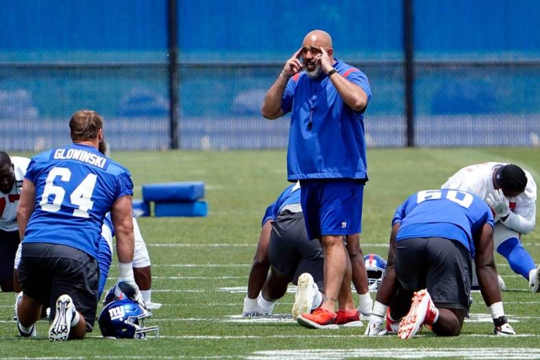 New York Giants offensive line coach Bobby Johnson on the field for mandatory minicamp at the Quest Diagnostics Training Center on Tuesday, June 7, 2022, in East Rutherford.

News Giants Mandatory Minicamp