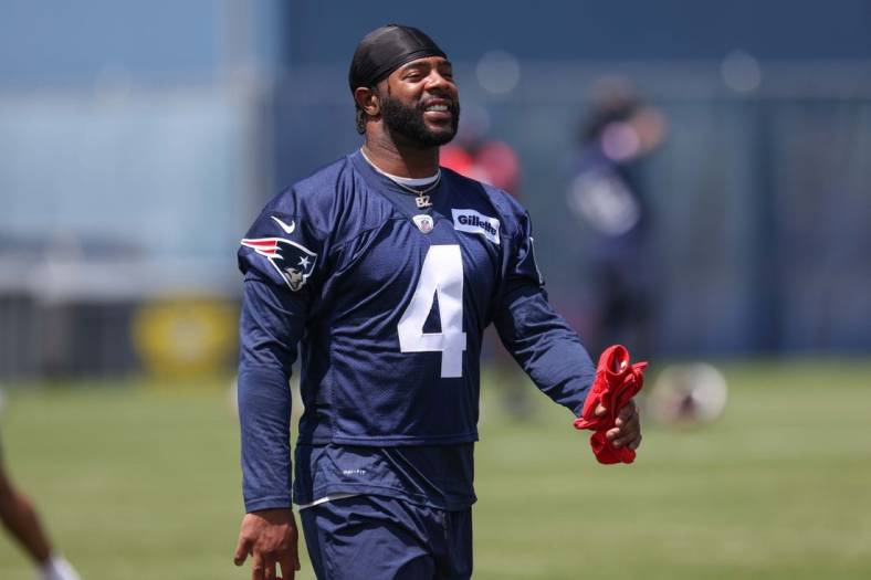 Jun 8, 2022; Foxborough, Massachusetts, USA; New England Patriots cornerback Malcolm Butler (4) during the New England Patriots minicamp at Gillette Stadium. Mandatory Credit: Paul Rutherford-USA TODAY Sports