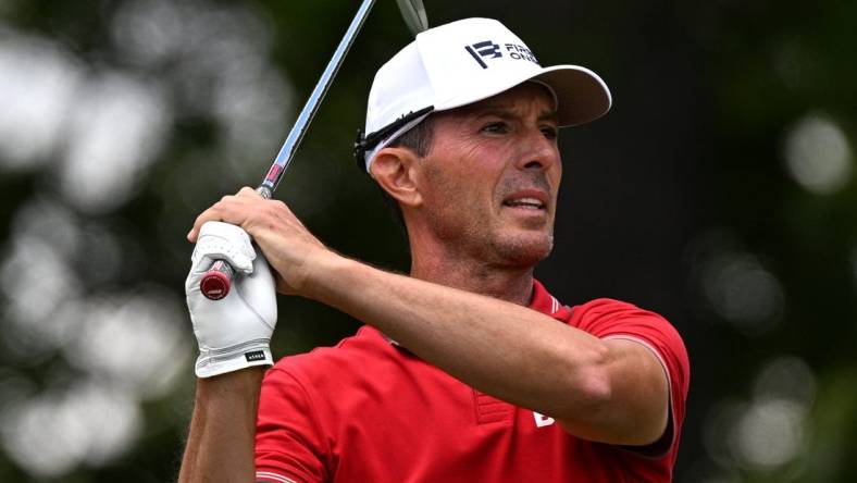 Jun 10, 2022; Etobicoke, Ontario, CAN;  Mike Weir hits his tee shot at the third hole during the second round of the RBC Canadian Open golf tournament. Mandatory Credit: Dan Hamilton-USA TODAY Sports