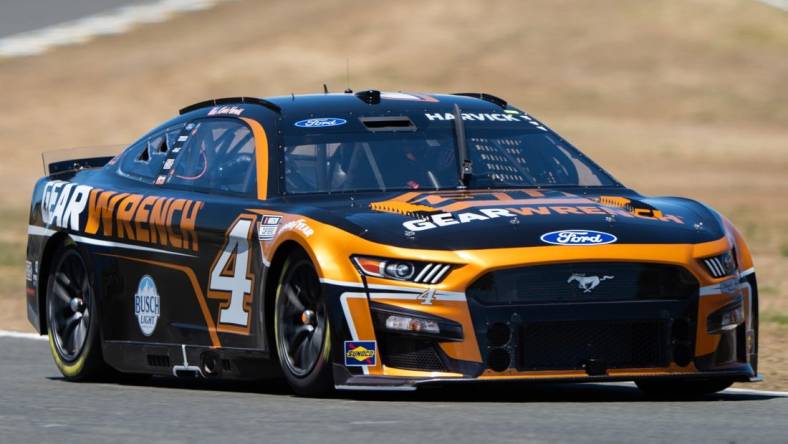 Jun 11, 2022; Sonoma, California, USA;  NASCAR Cup Series driver Kevin Harvick (4) practices a day before the race before the start of the NASCAR Truck Series DoorDash 250 at Sonoma Raceway. Mandatory Credit: Stan Szeto-USA TODAY Sports