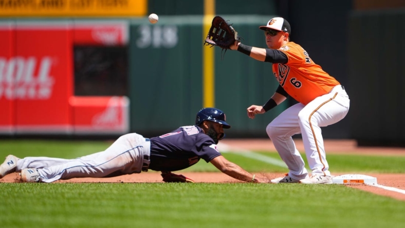 Jun 5, 2022; Baltimore, Maryland, USA; Baltimore Orioles first baseman Ryan Mountcastle (6) receives a throw with Cleveland Guardians shortstop Amed Rosario (1) diving back to the first base bag during the first inning at Oriole Park at Camden Yards. Mandatory Credit: Gregory Fisher-USA TODAY Sports