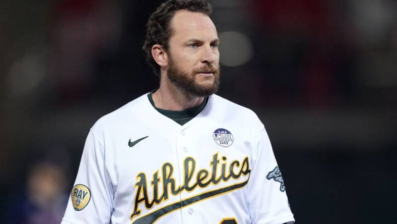 Jun 3, 2022; Oakland, California, USA; Oakland Athletics designated hitter Jed Lowrie (8) during the eighth inning against the Boston Red Sox at RingCentral Coliseum. Mandatory Credit: Darren Yamashita-USA TODAY Sports