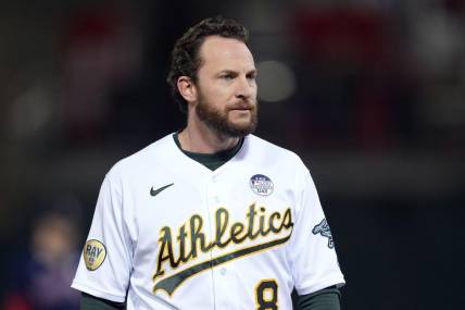 Jun 3, 2022; Oakland, California, USA; Oakland Athletics designated hitter Jed Lowrie (8) during the eighth inning against the Boston Red Sox at RingCentral Coliseum. Mandatory Credit: Darren Yamashita-USA TODAY Sports