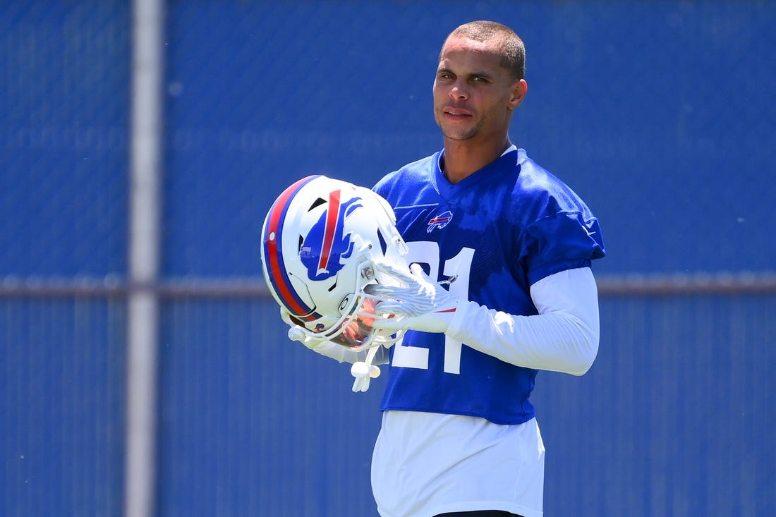 Jun 14, 2022; Orchard Park, New York, USA; Buffalo Bills safety Jordan Poyer (21) looks on during minicamp at the ADPRO Sports Training Center. Mandatory Credit: Rich Barnes-USA TODAY Sports