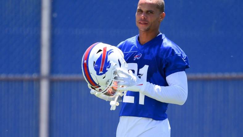 Jun 14, 2022; Orchard Park, New York, USA; Buffalo Bills safety Jordan Poyer (21) looks on during minicamp at the ADPRO Sports Training Center. Mandatory Credit: Rich Barnes-USA TODAY Sports