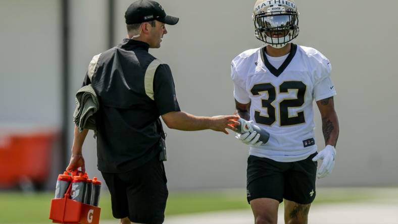 Jun 14, 2022; New Orleans, Louisiana, USA;  New Orleans Saints safety Tyrann Mathieu (32) during minicamp at the New Orleans Saints Training Facility. Mandatory Credit: Stephen Lew-USA TODAY Sports