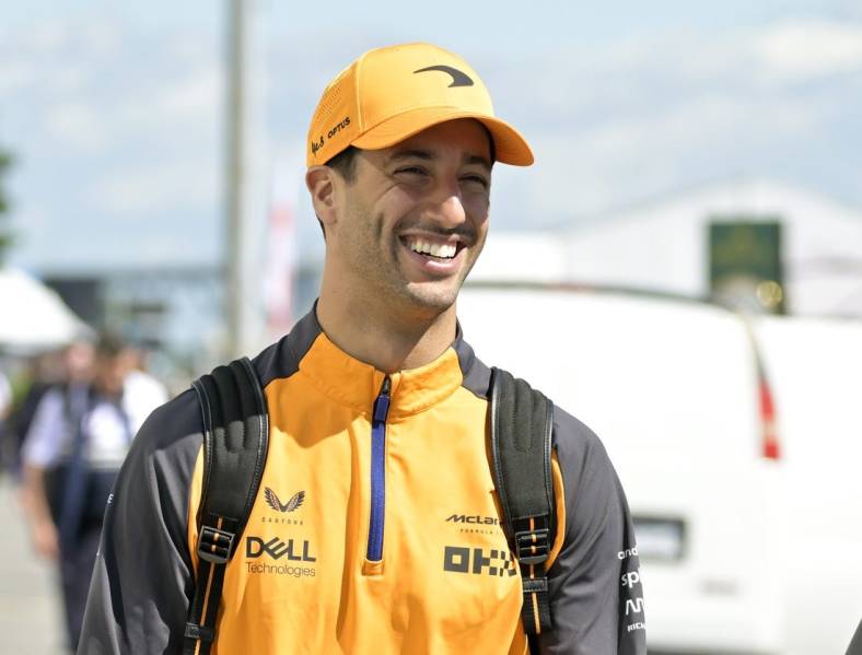 Jun 17, 2022; Montreal, Quebec, CAN; Mclaren driver Daniel Ricciardo of Australia arrives at circuit Gilles Villeneuve. Mandatory Credit: Eric Bolte-USA TODAY Sports