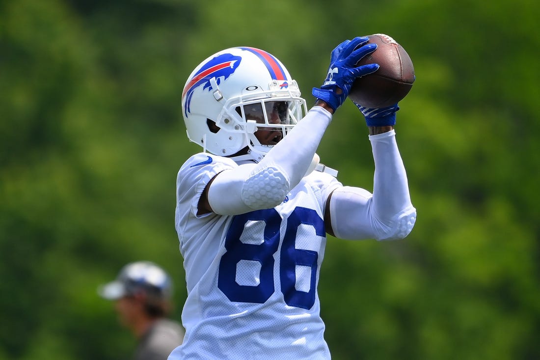 Jun 15, 2022; Orchard Park, New York, USA; Buffalo Bills wide receiver Tavon Austin (86) catches the ball during minicamp at the ADPRO Sports Training Center. Mandatory Credit: Rich Barnes-USA TODAY Sports