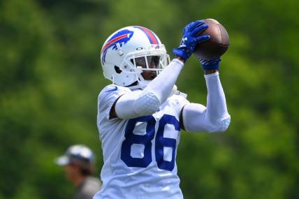 Jun 15, 2022; Orchard Park, New York, USA; Buffalo Bills wide receiver Tavon Austin (86) catches the ball during minicamp at the ADPRO Sports Training Center. Mandatory Credit: Rich Barnes-USA TODAY Sports