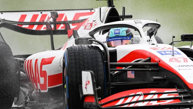 Jun 18, 2022; Montreal, Quebec, CAN; Haas Team driver Mick Schumacher of Germany races in the senna turns during the qualifying session at Circuit Gilles Villeneuve. Mandatory Credit: David Kirouac-USA TODAY Sports