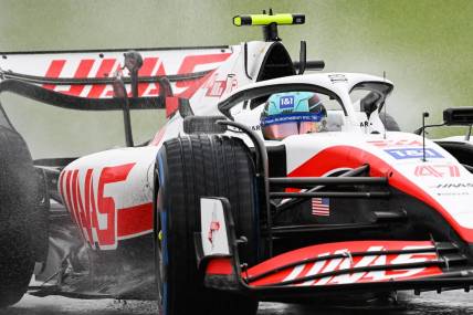 Jun 18, 2022; Montreal, Quebec, CAN; Haas Team driver Mick Schumacher of Germany races in the senna turns during the qualifying session at Circuit Gilles Villeneuve. Mandatory Credit: David Kirouac-USA TODAY Sports