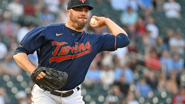 Jun 22, 2022; Minneapolis, Minnesota, USA;  Minnesota Twins relief pitcher Caleb Thielbar (56) commits a balk on a pick-off move to first resulting in the Cleveland Guardians scoring a run during the fifth inning at Target Field. Mandatory Credit: Nick Wosika-USA TODAY Sports