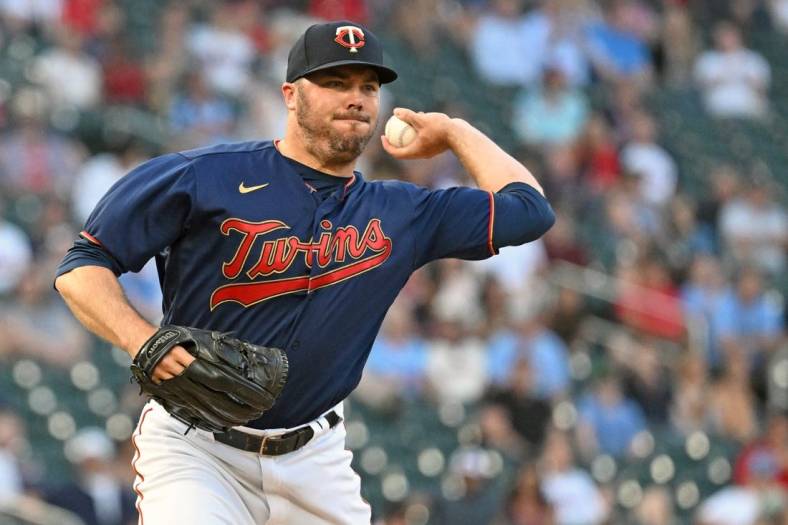 Jun 22, 2022; Minneapolis, Minnesota, USA;  Minnesota Twins relief pitcher Caleb Thielbar (56) commits a balk on a pick-off move to first resulting in the Cleveland Guardians scoring a run during the fifth inning at Target Field. Mandatory Credit: Nick Wosika-USA TODAY Sports