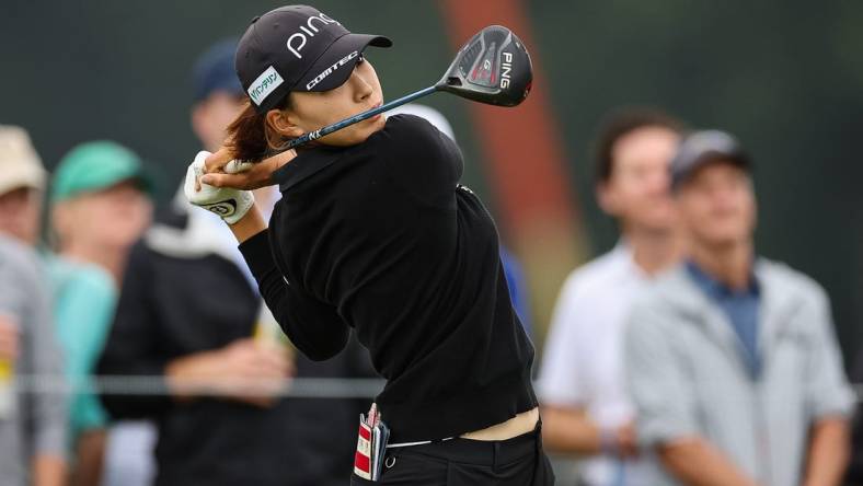 Jun 23, 2022; Bethesda, Maryland, USA; Hinako Shibuno plays her shot from the 16th tee during the first round of the KPMG Women's PGA Championship golf tournament at Congressional Country Club. Mandatory Credit: Scott Taetsch-USA TODAY Sports