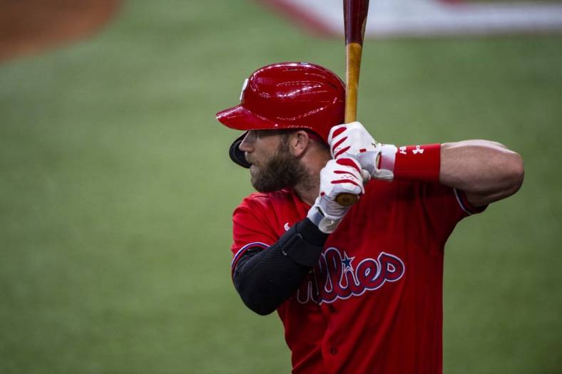 Jun 22, 2022; Arlington, Texas, USA; Philadelphia Phillies designated hitter Bryce Harper (3) in action during the game between the Texas Rangers and the Philadelphia Phillies at Globe Life Field. Mandatory Credit: Jerome Miron-USA TODAY Sports