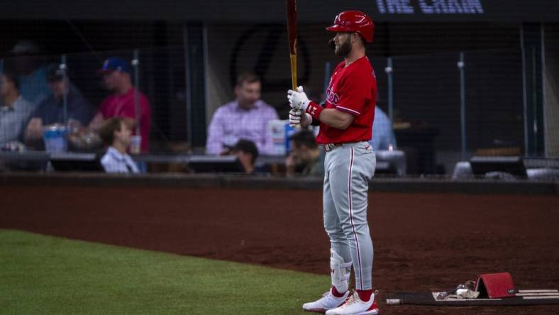 Jun 22, 2022; Arlington, Texas, USA; Philadelphia Phillies designated hitter Bryce Harper (3) during the game between the Texas Rangers and the Philadelphia Phillies at Globe Life Field. Mandatory Credit: Jerome Miron-USA TODAY Sports