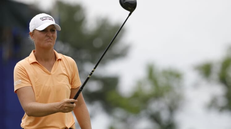 Jun 24, 2022; Bethesda, Maryland, USA; Anna Nordqvist lines up a tee shot on the fifteenth hole during the second round of the KPMG Women's PGA Championship golf tournament. Mandatory Credit: Geoff Burke-USA TODAY Sports