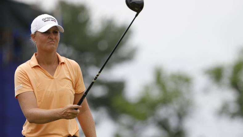 Jun 24, 2022; Bethesda, Maryland, USA; Anna Nordqvist lines up a tee shot on the fifteenth hole during the second round of the KPMG Women's PGA Championship golf tournament. Mandatory Credit: Geoff Burke-USA TODAY Sports