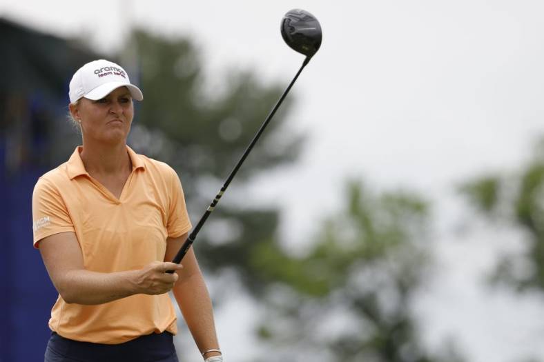 Jun 24, 2022; Bethesda, Maryland, USA; Anna Nordqvist lines up a tee shot on the fifteenth hole during the second round of the KPMG Women's PGA Championship golf tournament. Mandatory Credit: Geoff Burke-USA TODAY Sports