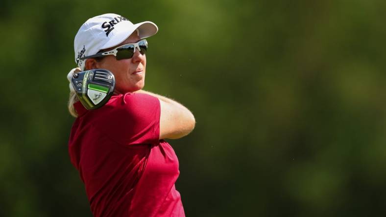 Jun 24, 2022; Bethesda, Maryland, USA; Ashleigh Buhai plays her shot from the eighth tee during the second round of the KPMG Women's PGA Championship golf tournament at Congressional Country Club. Mandatory Credit: Scott Taetsch-USA TODAY Sports