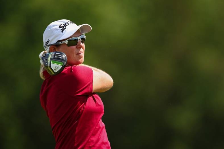 Jun 24, 2022; Bethesda, Maryland, USA; Ashleigh Buhai plays her shot from the eighth tee during the second round of the KPMG Women's PGA Championship golf tournament at Congressional Country Club. Mandatory Credit: Scott Taetsch-USA TODAY Sports