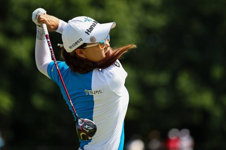 Jun 25, 2022; Bethesda, Maryland, USA; Minjee Lee plays her shot from the third tee during the third round of the KPMG Women's PGA Championship golf tournament at Congressional Country Club. Mandatory Credit: Scott Taetsch-USA TODAY Sports