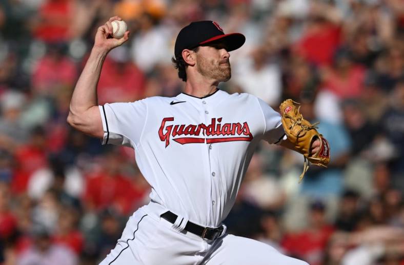 Jun 25, 2022; Cleveland, Ohio, USA; Cleveland Guardians starting pitcher Shane Bieber (57) throws a pitch during the first inning against the Boston Red Sox at Progressive Field. Mandatory Credit: Ken Blaze-USA TODAY Sports