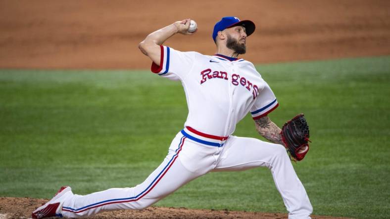 Jun 25, 2022; Arlington, Texas, USA; Texas Rangers relief pitcher Joe Barlow (68) pitches against the Washington Nationals during the ninth inning at Globe Life Field. Mandatory Credit: Jerome Miron-USA TODAY Sports