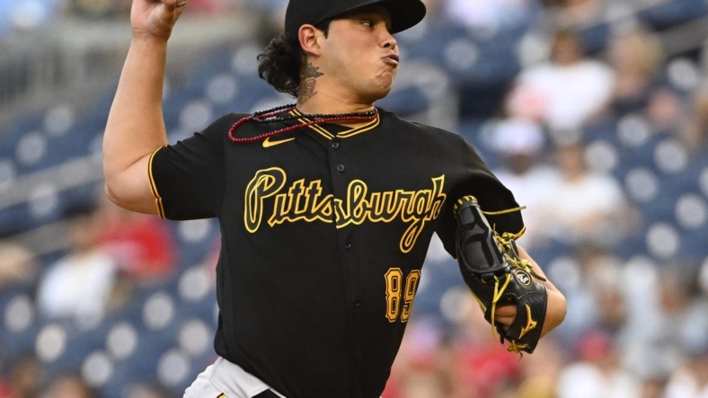 Jun 27, 2022; Washington, District of Columbia, USA; Pittsburgh Pirates starting pitcher Miguel Yajure (89) throws to the Washington Nationals during the second inning at Nationals Park. Mandatory Credit: Brad Mills-USA TODAY Sports