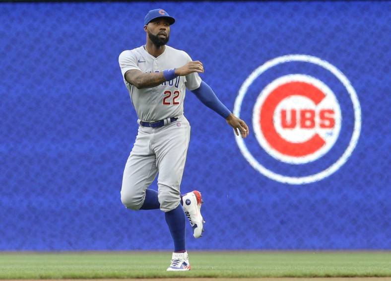 Jun 20, 2022; Pittsburgh, Pennsylvania, USA; Chicago Cubs right fielder Jason Heyward (22) warms up in the outfield before the game against the Pittsburgh Pirates at PNC Park. Mandatory Credit: Charles LeClaire-USA TODAY Sports