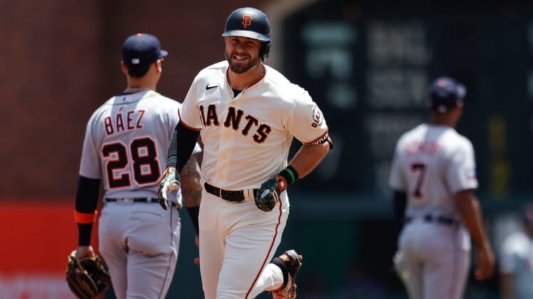Jun 29, 2022; San Francisco, California, USA; San Francisco Giants third baseman Evan Longoria (10) rounds the bases after hitting a solo run home run during the first inning against the Detroit Tigers at Oracle Park. Mandatory Credit: Sergio Estrada-USA TODAY Sports