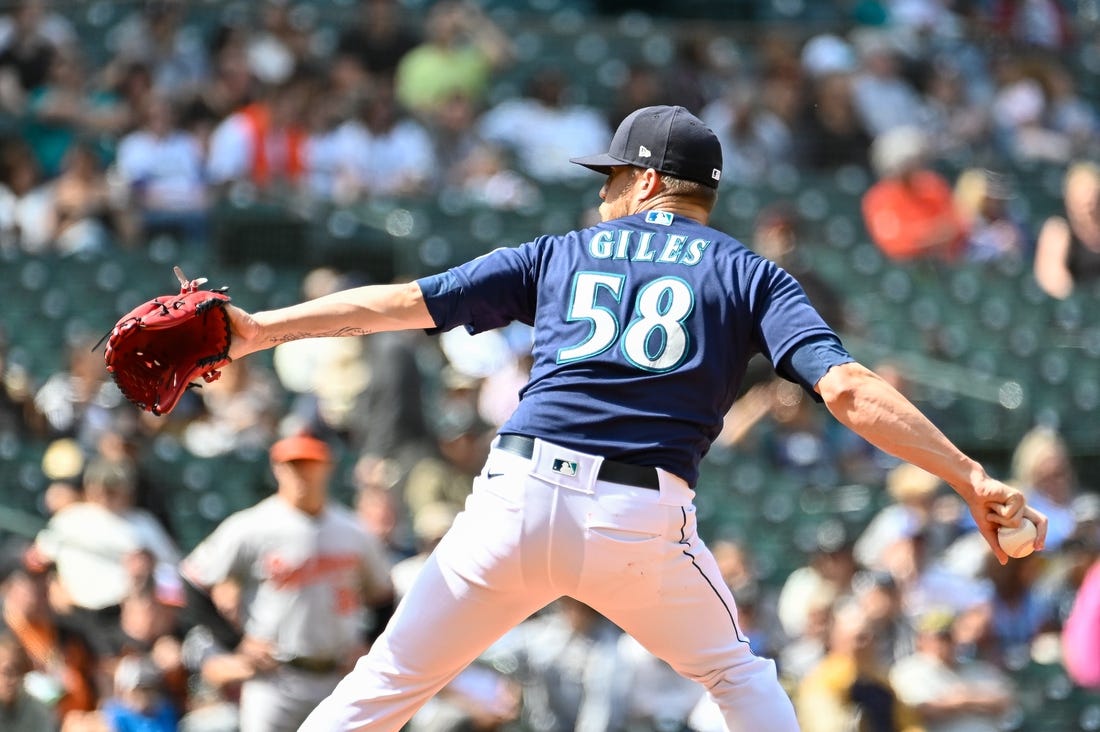 Jun 29, 2022; Seattle, Washington, USA; Seattle Mariners relief pitcher Ken Giles (58) pitches to the Baltimore Orioles during the eighth inning at T-Mobile Park. Mandatory Credit: Steven Bisig-USA TODAY Sports