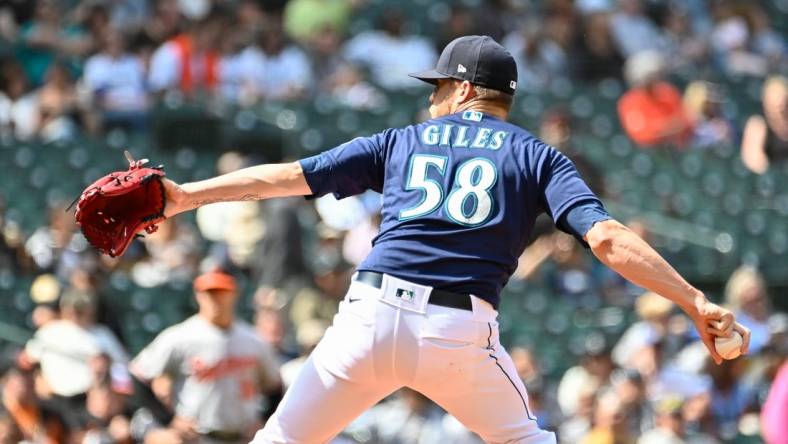 Jun 29, 2022; Seattle, Washington, USA; Seattle Mariners relief pitcher Ken Giles (58) pitches to the Baltimore Orioles during the eighth inning at T-Mobile Park. Mandatory Credit: Steven Bisig-USA TODAY Sports