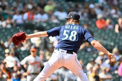 Jun 29, 2022; Seattle, Washington, USA; Seattle Mariners relief pitcher Ken Giles (58) pitches to the Baltimore Orioles during the eighth inning at T-Mobile Park. Mandatory Credit: Steven Bisig-USA TODAY Sports