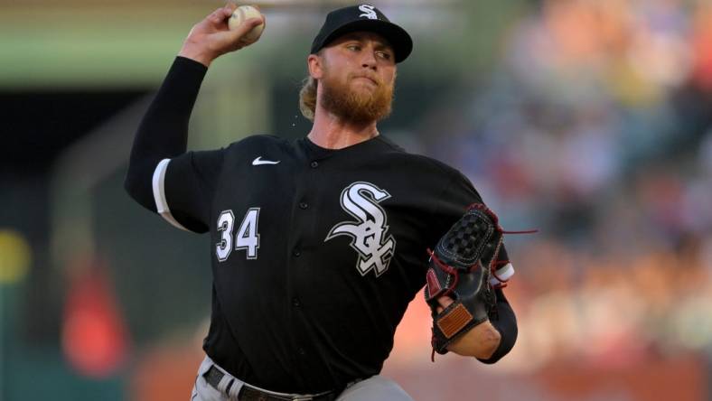 Jun 29, 2022; Anaheim, California, USA; Chicago White Sox starting pitcher Michael Kopech (34) throws to the plate in the first inning against the Los Angeles Angels at Angel Stadium. Mandatory Credit: Jayne Kamin-Oncea-USA TODAY Sports