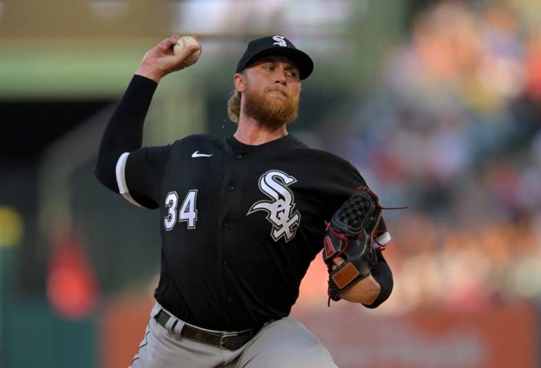 Jun 29, 2022; Anaheim, California, USA; Chicago White Sox starting pitcher Michael Kopech (34) throws to the plate in the first inning against the Los Angeles Angels at Angel Stadium. Mandatory Credit: Jayne Kamin-Oncea-USA TODAY Sports