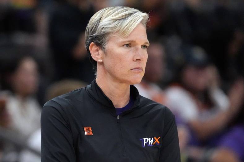 Jun 29, 2022; Phoenix, Arizona, USA; Phoenix Mercury head coach Vanessa Nygaard looks on against the Indiana Fever while wearing a We Are BG pin in support of Phoenix Mercury center Brittney Griner (not pictured) during the first half at Footprint Center. Mandatory Credit: Joe Camporeale-USA TODAY Sports