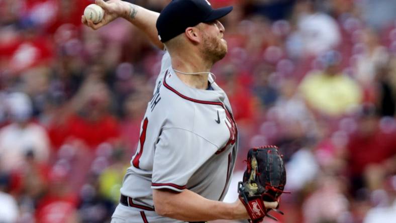 Jul 2, 2022; Cincinnati, Ohio, USA; Atlanta Braves relief pitcher Will Smith (51) throws a pitch against the Cincinnati Reds during the ninth inning at Great American Ball Park. Mandatory Credit: David Kohl-USA TODAY Sports