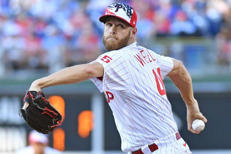 Jul 3, 2022; Philadelphia, Pennsylvania, USA; Philadelphia Phillies starting pitcher Zack Wheeler (45) throws a pitch during the first inning against the St. Louis Cardinals at Citizens Bank Park. Mandatory Credit: Eric Hartline-USA TODAY Sports