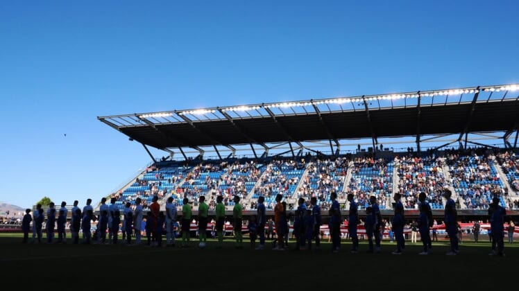 Jul 3, 2022; San Jose, California, USA; Chicago Fire and San Jose Earthquakes players line up for the national anthem before the game at PayPal Park. Mandatory Credit: Kelley L Cox-USA TODAY Sports