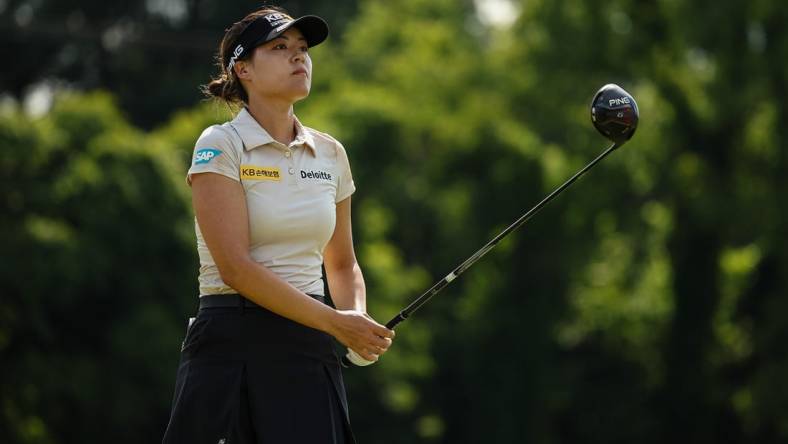 Jun 25, 2022; Bethesda, Maryland, USA; In Gee Chun watches her shot from the 18th tee during the third round of the KPMG Women's PGA Championship golf tournament at Congressional Country Club. Mandatory Credit: Scott Taetsch-USA TODAY Sports