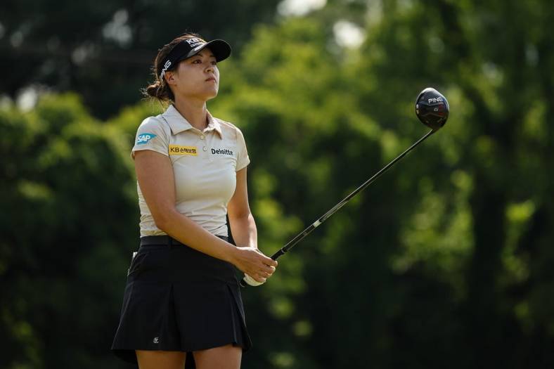 Jun 25, 2022; Bethesda, Maryland, USA; In Gee Chun watches her shot from the 18th tee during the third round of the KPMG Women's PGA Championship golf tournament at Congressional Country Club. Mandatory Credit: Scott Taetsch-USA TODAY Sports