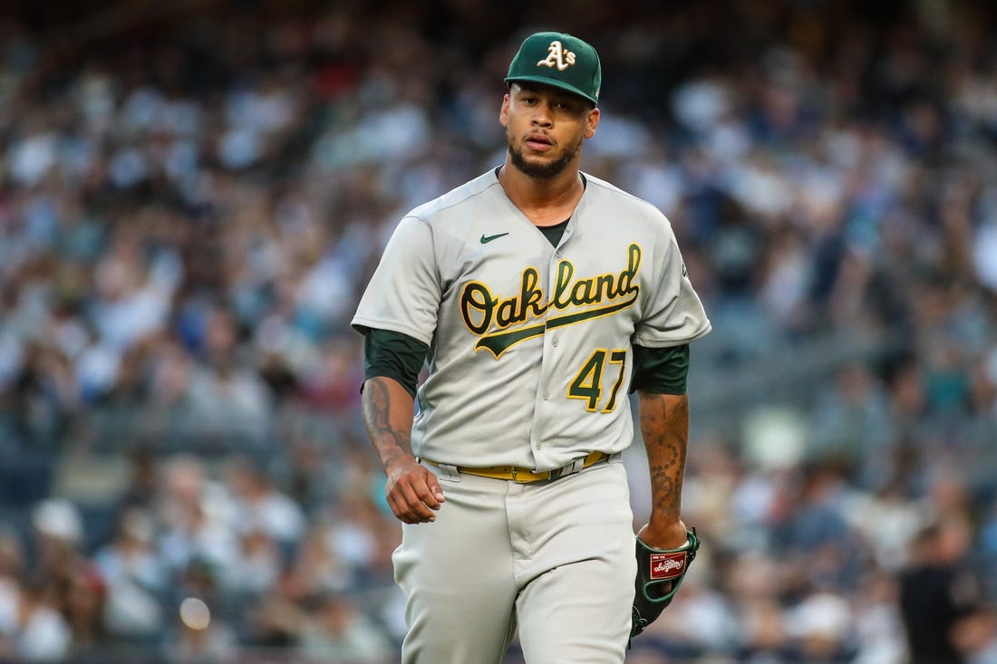 Jun 28, 2022; Bronx, New York, USA;  Oakland Athletics starting pitcher Frankie Montas (47) at Yankee Stadium. Mandatory Credit: Wendell Cruz-USA TODAY Sports