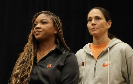 Jul 8, 2022; Chicago, IL, USA; Cherelle Griner (left) spouse of Brittney Griner  and Sue Bird during a press conference  addressing the detention of Brittney Griner in Russia at Hyatt Regency at McCormick Place. Mandatory Credit: David Banks-USA TODAY Sports