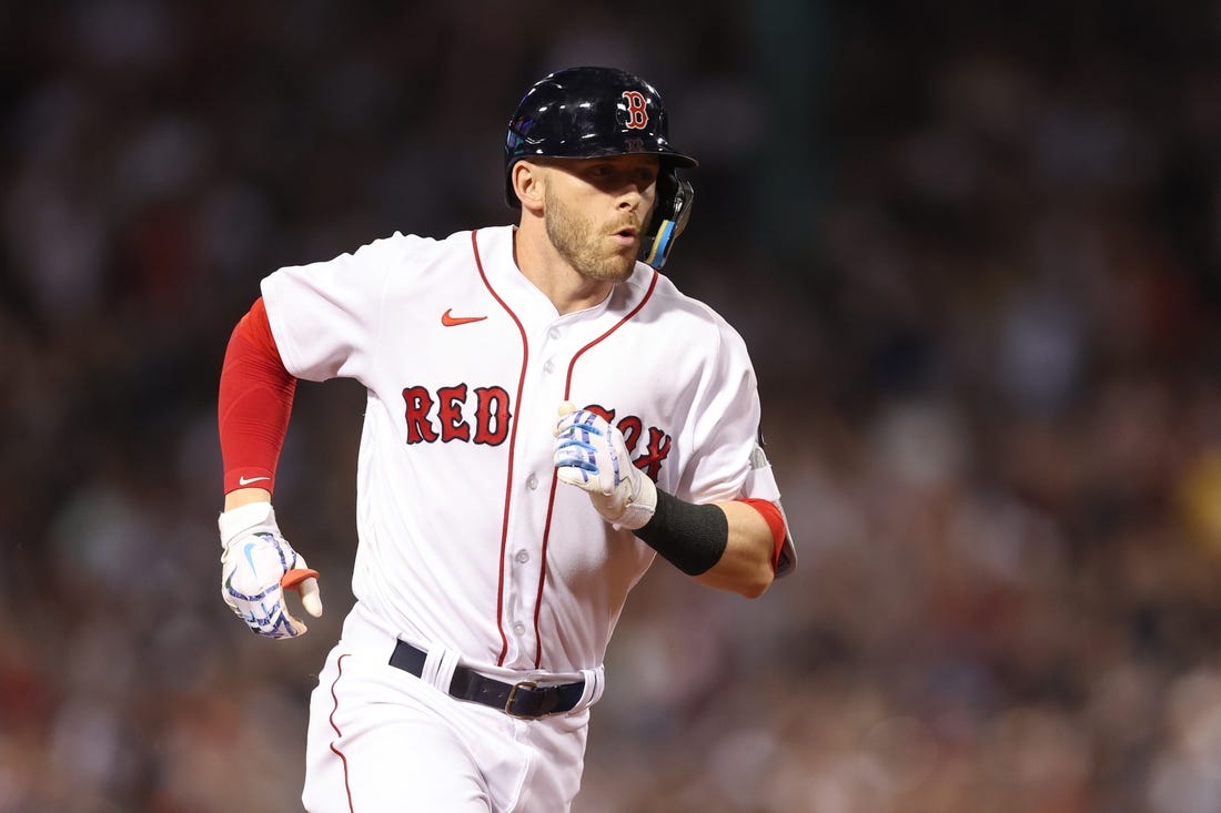 Jul 8, 2022; Boston, Massachusetts, USA; Boston Red Sox second baseman Trevor Story (10) rounds the bases after hitting a home run against the New York Yankees during the fourth inning at Fenway Park. Mandatory Credit: Paul Rutherford-USA TODAY Sports