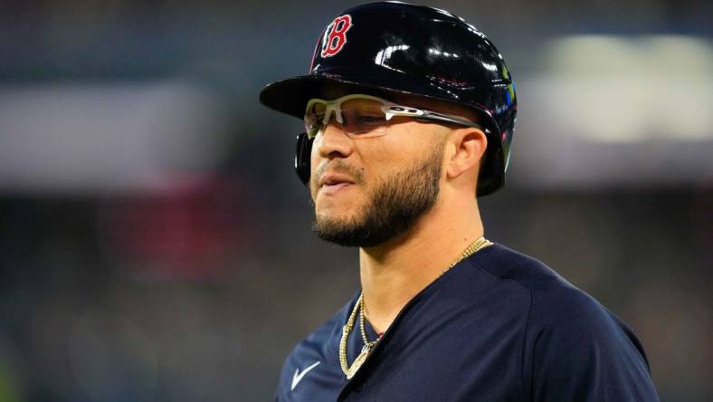 Jun 29, 2022; Toronto, Ontario, CAN; Boston Red Sox third baseman Yolmer Sanchez (47) looks on against the Toronto Blue Jays at Rogers Centre. Mandatory Credit: Kevin Sousa-USA TODAY Sports